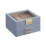 Sieradendoos, sieradendoos 3 niveaus, juwelenbox met glazen deksel, 2 laden, sieradenopslag, opslag, modern, cadeau -idee, 8 x 9 x 5,3 inch, rookblauw goud