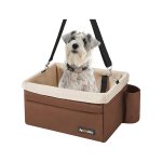Hondenstoelzitje, booster stoel voor kleine honden tot 18 pond, met verstelbare riemen, afneembare wasbare fleece voering, 4 zakken, voor voorstoelen, achterstoelen, bruin en beige