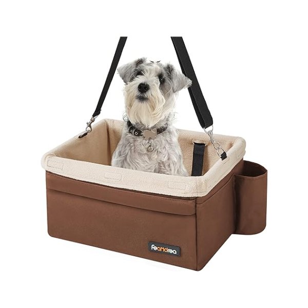 Hondenstoelzitje, booster stoel voor kleine honden tot 18 pond, met verstelbare riemen, afneembare wasbare fleece voering, 4 zakken, voor voorstoelen, achterstoelen, bruin en beige