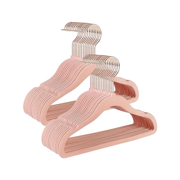 Babyhangers, pakket van 30 fluweelhangers voor kinderen met roségouden haken, niet-slip kinderhangers voor kleding in kast, baby of kinderjassen, lichtroze