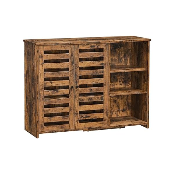 Sideboard, keukenkast met 2 lamellendeuren, verstelbare plank, 3 open vakken, voor eetkamer, 100 x 35 x 75 cm, vintabruin