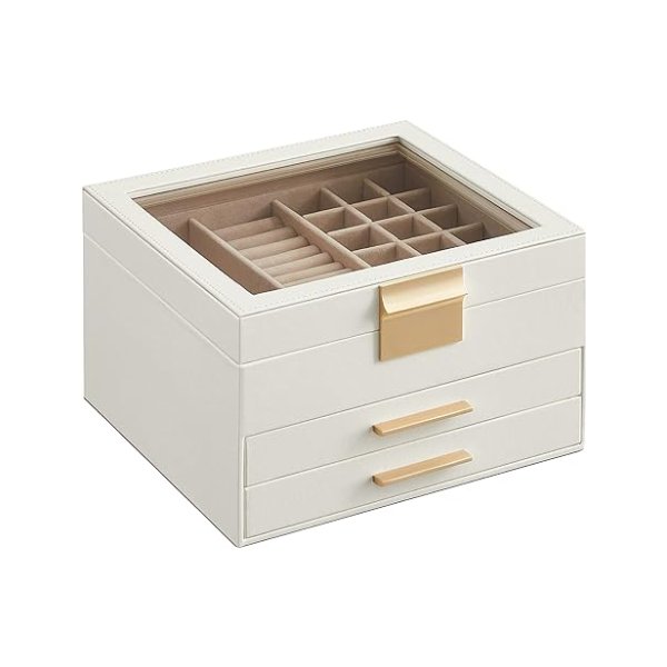 Sieradendoos - Moderne elegantie - 3 lagen & glazen deksel - Wit