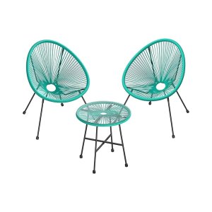 Balkonmeubels, tuinmeubelset, 3-delige set, zitgroep, terrasmeubels, tafeloppervlak van glas, 2 stoelen, binnen en buiten, voor terras, tuin, balkon, buiten, turquoise