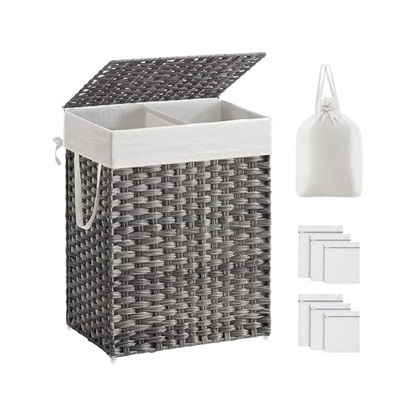 Wasmand met deksel, 90l wasmand 2 compartimenten, verwijderbare voeringen met handgrepen, handgeweven synthetisch rotan, voor slaapkamer, badkamer, wasruimte, 33 x 46 x 60 cm, grijze