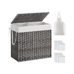 Wasmand met deksel, 130L wasmand 2 compartimenten, verwijderbare voeringen met handgrepen, handgeweven synthetisch rattan, voor slaapkamer, badkamer, wasruimte, 33 x 66 x 60 cm, grijs