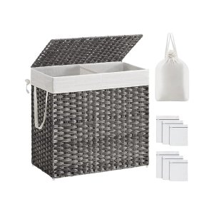 Wasmand met deksel, 130L wasmand 2 compartimenten, verwijderbare voeringen met handgrepen, handgeweven synthetisch rattan, voor slaapkamer, badkamer, wasruimte, 33 x 66 x 60 cm, grijs