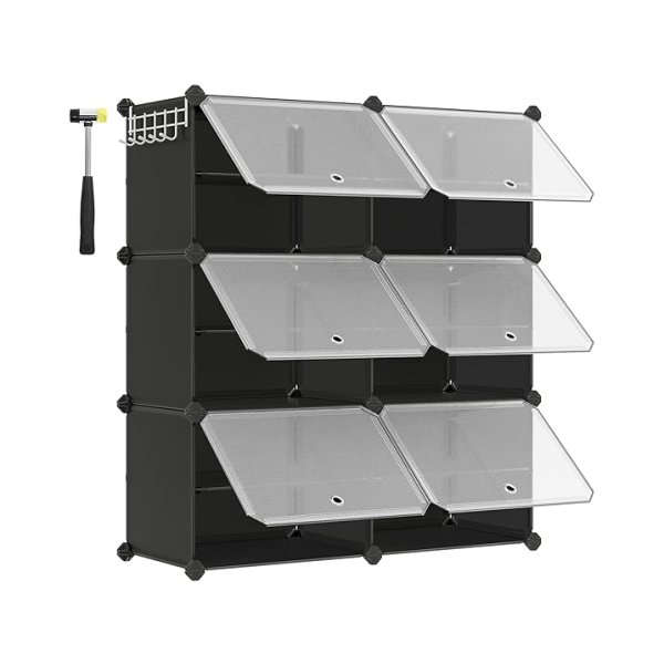 Schoenenrek met 6 compartimenten, schoenkast, 30 x 40 x 30 cm per compartiment, smal met deuren, stalen frame, plastic, voor gang, slaapkamer, ingang, zwarte