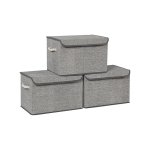 Opbergdozen, set van 3, stoffen dozen met deksel, katoenen handgrepen, linnen uiterlijk, grijs