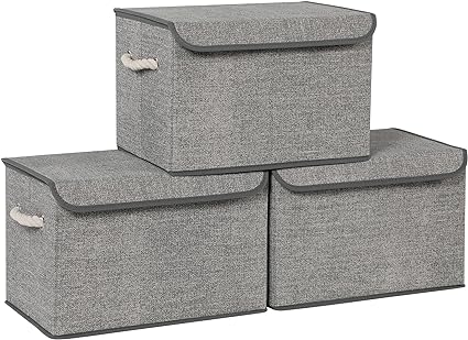 Opbergdozen, set van 3, stoffen dozen met deksel, katoenen handgrepen, linnen uiterlijk, grijs