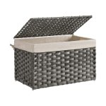 Polyrattan opbergdoos, opbergmand, 65 L wasmand, decoratieve borst met deksel, handgrepen en katoenen tas, rechthoekig, geweven, slaapkamer, wasruimte, grijze rst56wg