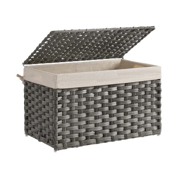 Polyrattan opbergdoos, opbergmand, 65 L wasmand, decoratieve borst met deksel, handgrepen en katoenen tas, rechthoekig, geweven, slaapkamer, wasruimte, grijze rst56wg