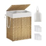 Wasmand met deksel, 90l wasmand 2 compartimenten, verwijderbare voeringen met handgrepen, handgeweven synthetisch rotan, voor slaapkamer, badkamer, wasruimte, 33x 46 x 60 cm, natuurlijke LCB251N01V1