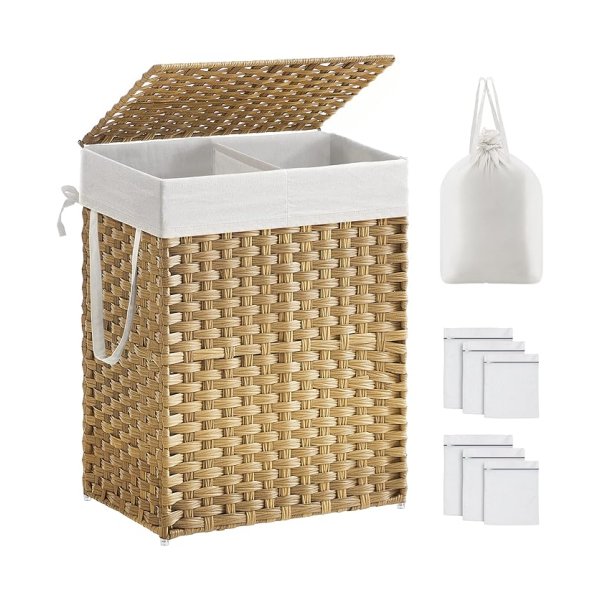Wasmand met deksel, 90l wasmand 2 compartimenten, verwijderbare voeringen met handgrepen, handgeweven synthetisch rotan, voor slaapkamer, badkamer, wasruimte, 33x 46 x 60 cm, natuurlijke LCB251N01V1