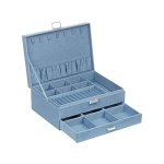 Sieradendoos, Sieradendoos, sieradendoos met 2 niveaus, één lade, met sleutel, voor ringen, oorbellen, kettingen en horloges, opbergen van juwelen, lichtblauw