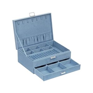 Sieradendoos, Sieradendoos, sieradendoos met 2 niveaus, één lade, met sleutel, voor ringen, oorbellen, kettingen en horloges, opbergen van juwelen, lichtblauw
