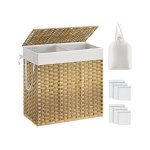Wasmand met deksel, 130l wasmand 2 compartimenten, verwijderbare voeringen met handgrepen, handgeweven synthetisch rotan, voor slaapkamer, badkamer, wasruimte, 33 x 66 x 60 cm, natuurlijke