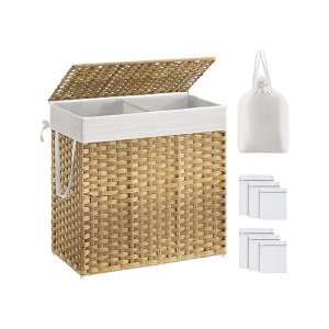 Wasmand met deksel, 130l wasmand 2 compartimenten, verwijderbare voeringen met handgrepen, handgeweven synthetisch rotan, voor slaapkamer, badkamer, wasruimte, 33 x 66 x 60 cm, natuurlijke