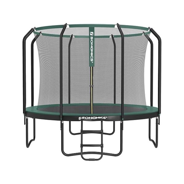305 cm (10 ft) trampoline, ronde tuintrampoline met binnenste veiligheidsnetbehuizing, ladder, gevoerde polen, Tüv Rheinland GS -certificaat, voor kinderen en volwassenen, zwart en donkergroen