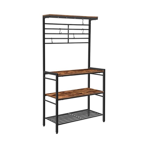 Bakersrek, magnetronstandaard, keukenopslagplankrek met haken, koffiebar, 4 planken en maaspaneel, verstelbare voeten, voor keuken, woonkamer, koffiestation, rustiek bruin