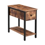 Bijzettafel, 2-laags nachtkastje met lade, smalle eindtafel voor kleine ruimtes, stabiele en stevige constructie, houten uiterlijk accentmeubilair met metalen frame, rustiek bruin en zwart