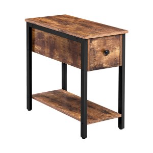 Bijzettafel, 2-laags nachtkastje met lade, smalle eindtafel voor kleine ruimtes, stabiele en stevige constructie, houten uiterlijk accentmeubilair met metalen frame, rustiek bruin en zwart