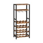 Vrijstaande wijnrek, opbergrek met 16 flessen met tafel met tafel en glazen houder, 6-laags barrek, voor keuken, bar, eetkamer, rustiek bruin