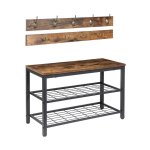 Attekrek schoenbankset, ingangschoenrekbank met jashaken, hall tree cad -rek, modderkamerbank, hoedzak hangende organisator, industrieel, voor foyer, voordeur, rustiek bruin