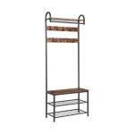 Bekijk rekschoenbank, halboom met bank en schoenopslag, halboom met opbergplank, 5 in 1 ontwerp, industrieel accentmeubilair met metalen frame, gemakkelijke montage, rustiek bruin