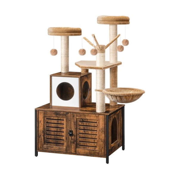 Cat Tree met kattenbak behuizing, krabpalen, kattenbak behuizing meubels voor binnenkatten, alles-in-één houten kattentoren condo huis met kattenhangmat, rustiek bruin