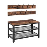 Attekrekschoenbank, de opbergbank van de zaalboom, schoenrek organizer met jashaken, 3-in-1 ontwerp, houten meubels met metalen frame, rustiek bruin en zwart