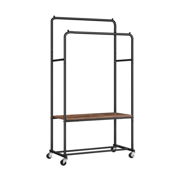 Kledingrek, rollend kledingrek met plank, zware dubbele staven kledingrek op wielen, hangrek voor kleding, schoenen, opslagdisplay,