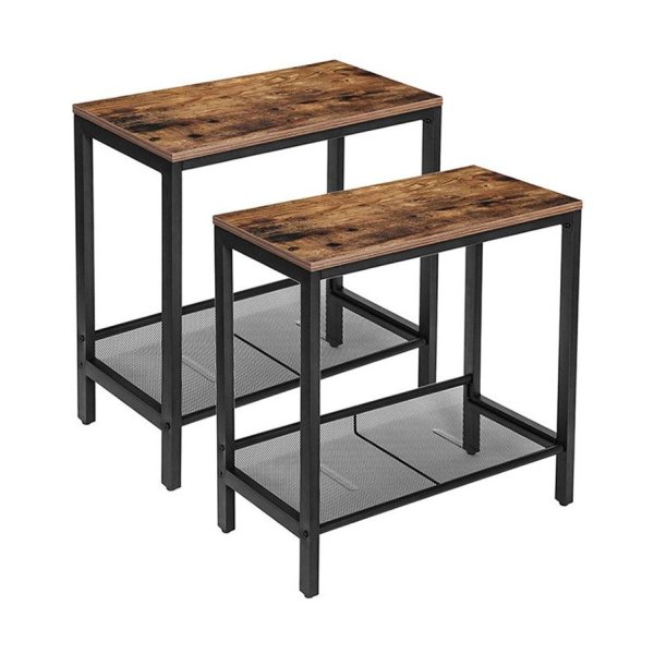 Zijtafels, set van 2 smalle nachtkastjes, industriële eindtafel met platte of schuine verstelbare maasplank voor kleine ruimtes, stabiel metalen frame en gemakkelijk montage, rustiek bruin en zwart