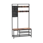 Aut -rekschoenbank, opbergbank van de zaalboominvoer, opslagplankorganisator, 6 opbergvak, 9 verwijderbare haken, industrieel accentmeubilair, metalen frame