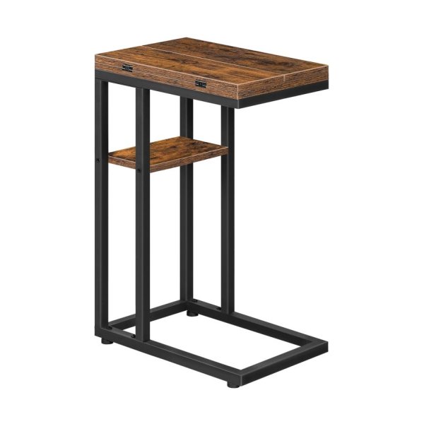 Opvouwbare eindtafel, C -vormige bijzettafel met opbergplank, kleine snacktafel geschikt voor de slaapkamer van de woonkamer Kleine ruimtes, gemakkelijke montage, rustiek bruin