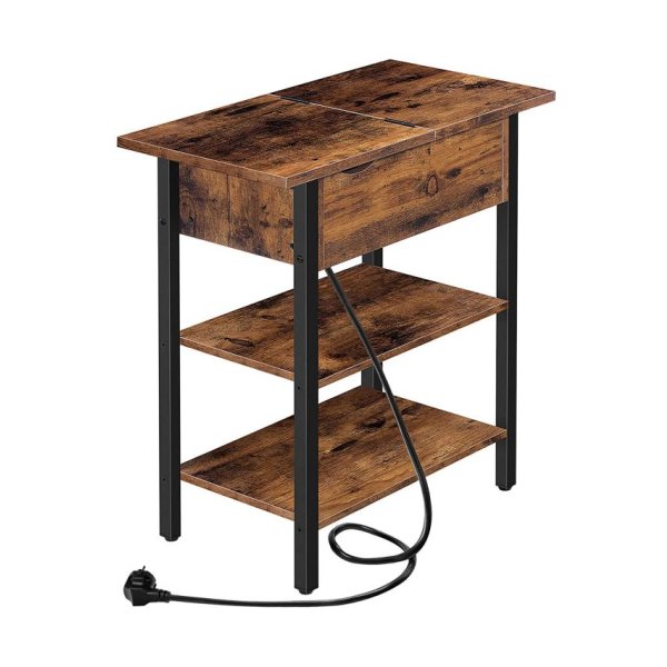 Bijzettafel, flip -top banktafel met laadstation en plank, smal nachtkastje voor kleine kamers, slaapkamer, woonkamer, stevig, rustiek bruin bruin