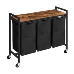 Wasmand, wassortriersorder 3 sectie, wasmand met wielen, 3 x 10,5 gal (39.8L), rollende kar, uittrekbare en verwijderbare oxford stof waszakken, rustiek bruin en zwart