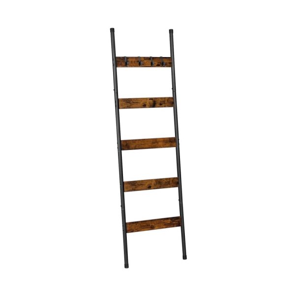 Dekenladder, 5-laags handdoekrek met haken, muurlerend dekenrek, decoratief display ladderplank, sjaals, industrieel, woonkamer, slaapkamer, rustiek bruin en zwart
