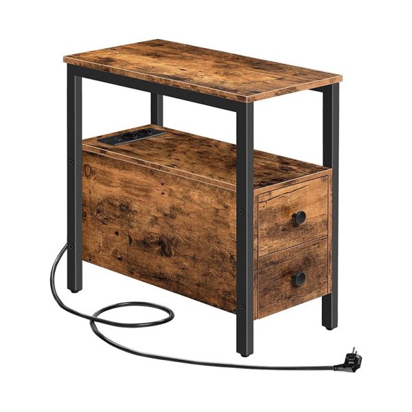 Bijzettafel met laadstation, banktafel met 2 laden en USB -poort en aansluiting, nachtkastje voor kleine ruimtes, stabiel en duurzaam, voor woonkamer, slaapkamer, donkerbruine