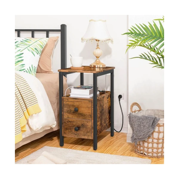 HOOBRO Bijzettafel Met Laadstation - 2 Laden, USB & Stopcontact, Nachtkastje Voor Kleine Ruimtes, Greige