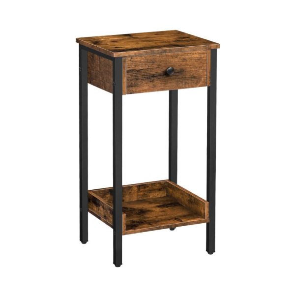 Hoge bijzettafel, nachtkastje, eindtafel met lade en opslagplank, industriële eindtelefoontafel, voor studie, slaapkamer, ruimtebesparing, rustiek bruin en zwart