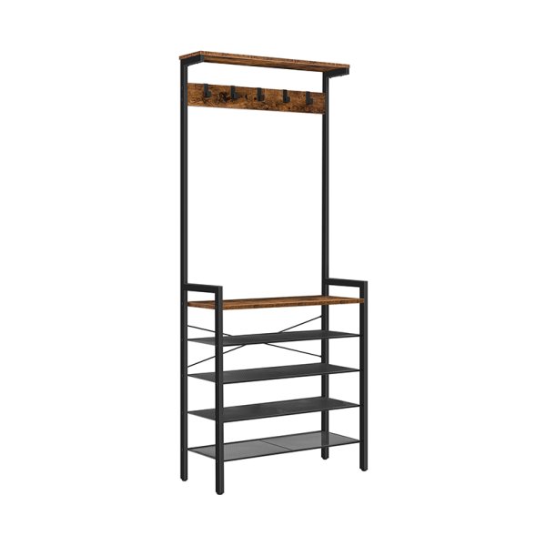 Hall Tree met bank, kaprek met schoenopslag, schoen- en kaprek, 5-laags ingangschoenopslag, 5 haken, voor 12-16 paren, industrieel, gang, foyer, modderkamer, rustiek bruin