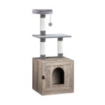Kattenbak behuizing met kattenboomtoren, verborgen katten wasruimte met krabpaal en zachte pluche baars, houten kattenmeubels, binnenvinkkast met meerdere platforms, greige
