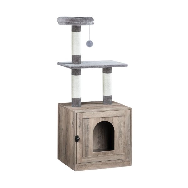 Kattenbak behuizing met kattenboomtoren, verborgen katten wasruimte met krabpaal en zachte pluche baars, houten kattenmeubels, binnenvinkkast met meerdere platforms, greige