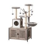 Katboom met kattenbak behuizing, kattentoren met krassende palen voor binnenkatten, alles-in-één houten kattenhuismeubilair, kattencondo met hangmat, afneembare teasersticks, grijze