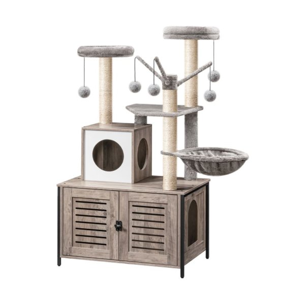 Katboom met kattenbak behuizing, kattentoren met krassende palen voor binnenkatten, alles-in-één houten kattenhuismeubilair, kattencondo met hangmat, afneembare teasersticks, grijze