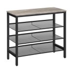 Industrieel schoenenrek, 4-laags schoenenplank, opslagorganisator-eenheid met 3 mesh planken, houten uiterlijk accentmeubilair met metalen frame, voor ingang, woonkamer, gang, greige