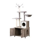 Cat Tree Tower met kattenbak behuizing voor binnenkatten, houten kattencondo met krassende palen, katten kattenbakmeubilair verborgen, alles-in-één kattenspeelgoed met kattenhuis, Greige