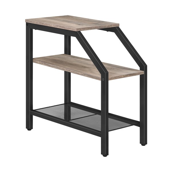 Bijzettafel, nachtkastje met 3 planken, smalle industriële banktafel voor kleine ruimtes, metalen frame, stevig en gemakkelijk te monteren, houten effectmeubilair, Greige