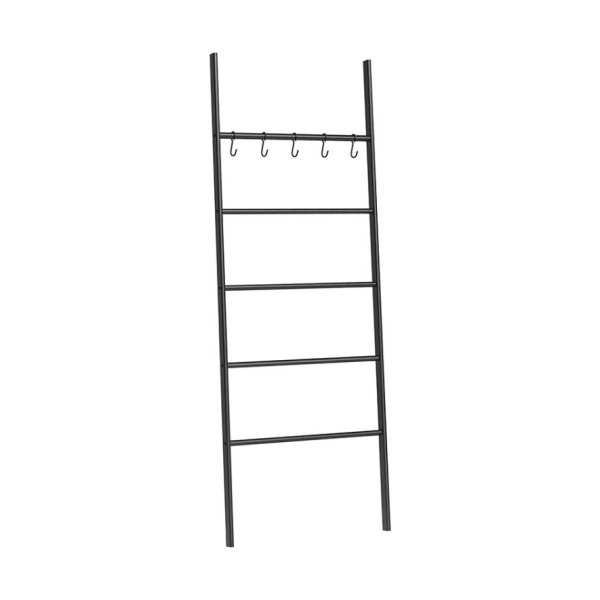 Dekenladder, handdoekrek, 5-laags ladderplank, decoratieve muurleunt ladderrek, 5 haken, dekenhouder, weergavekrek voor badkamer, zwarte