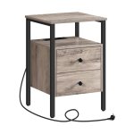 Nachtkastje met EU -plug, salontafel met laden en opbergplanken, geschikt voor kleine ruimtes, woonkamer, slaapkamer, gregie, zwarte